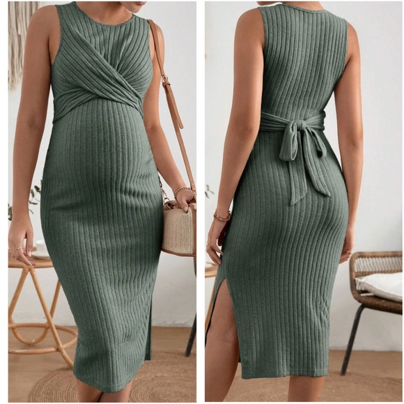 Maternity Twisted Knit Sleeveless Side Slit Midi Dress - Picture 1 of 7